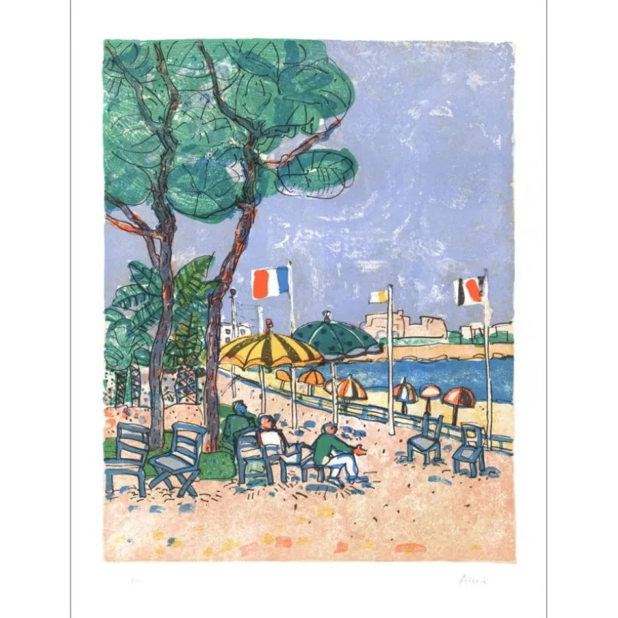 AIZPIRI Paul - Lithographie originale "Terrasse en bord de mer" 76x55cm