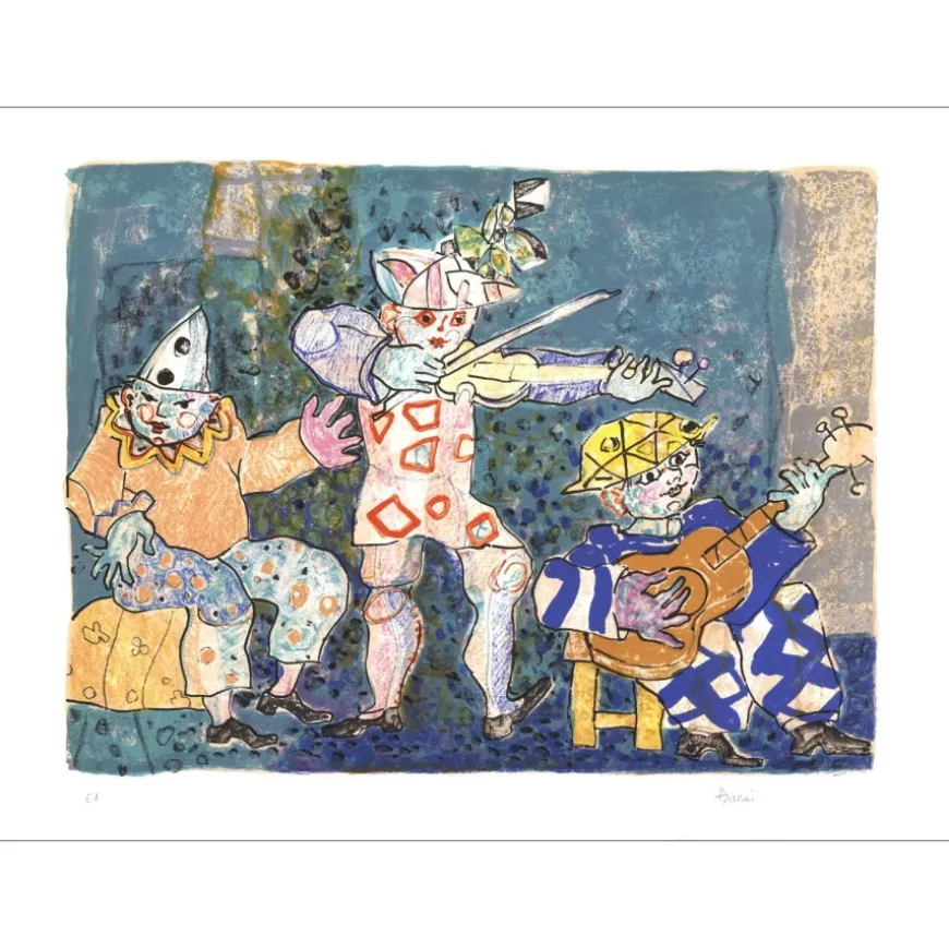 AIZPIRI Paul - Lithographie originale "Les musiciens au fond bleu" 56x76cm