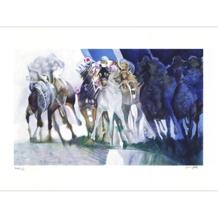 AMBILLE Paul - Lithographie originale "La course de chevaux" 38x53 cm
