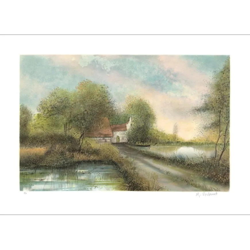ARTAUD Gilbert - Lithographie originale "Hameau au bord de l'étang" 54x76cm