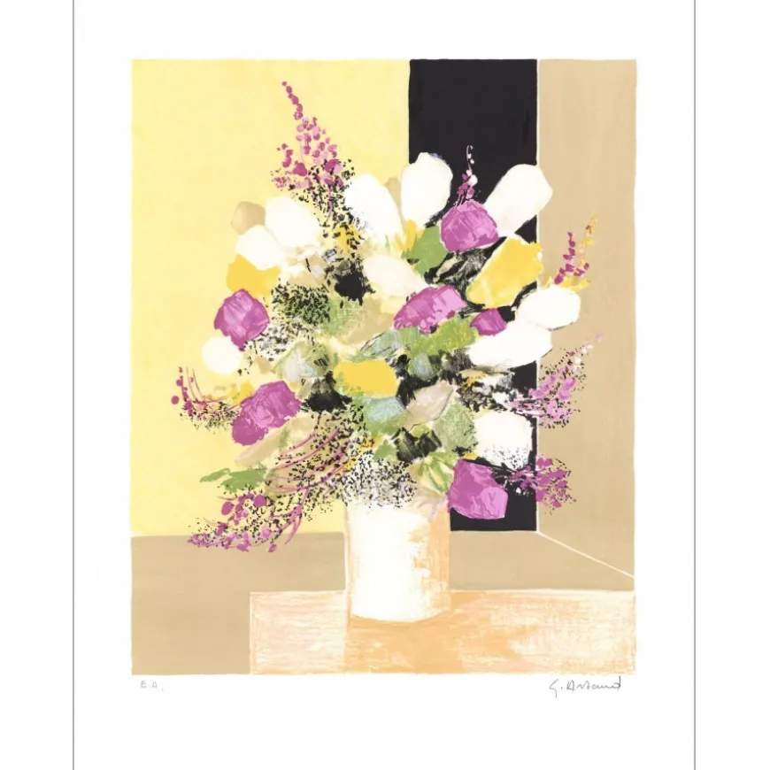ARTAUD Gilbert - Lithographie originale "Bouquet de fleurs au fond jaune" 65x50cm