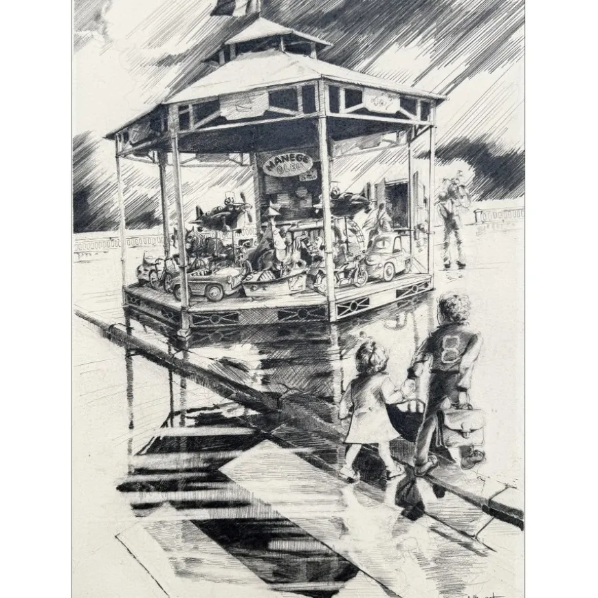 AUTHOUART Daniel - Dessin original "Manège bleu" 39x29cm - 1981