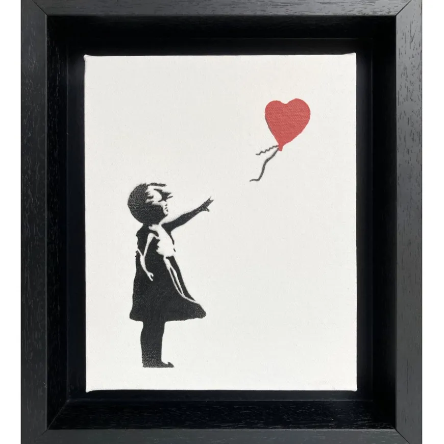 BANKSY - BANKSY "Petite fille au ballon" Peinture au pochoir sur toile - 25x20cm