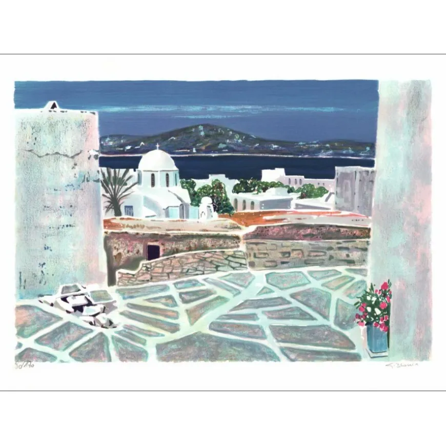 BLOUIN Georges - Lithographie originale "Chapelle à Poros" 44x62cm