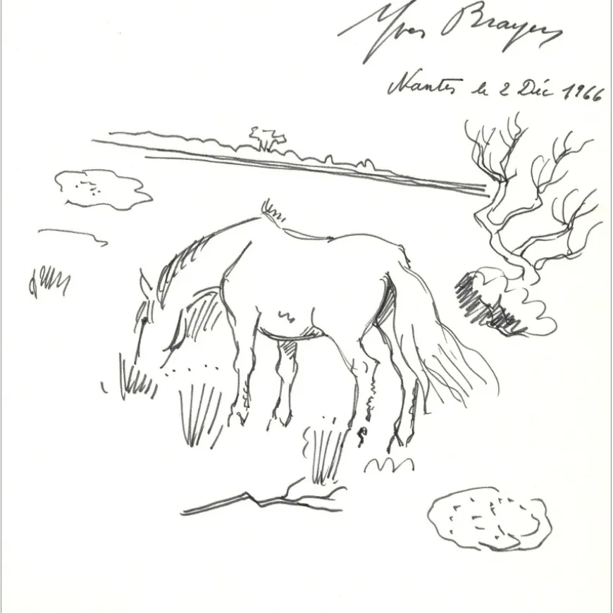 BRAYER Yves - Dessin original à l'encre "Cheval en Camargue" 22x21cm