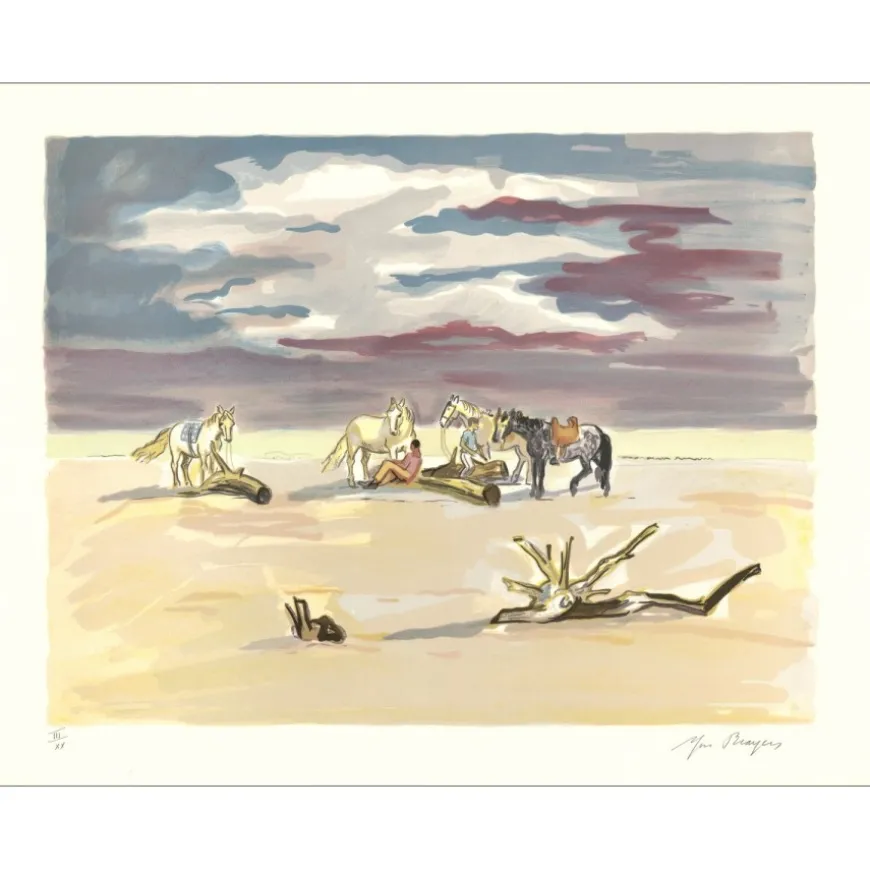 BRAYER Yves - Lithographie originale "Le repos des cavaliers sur la plage" 50x65cm - 1973