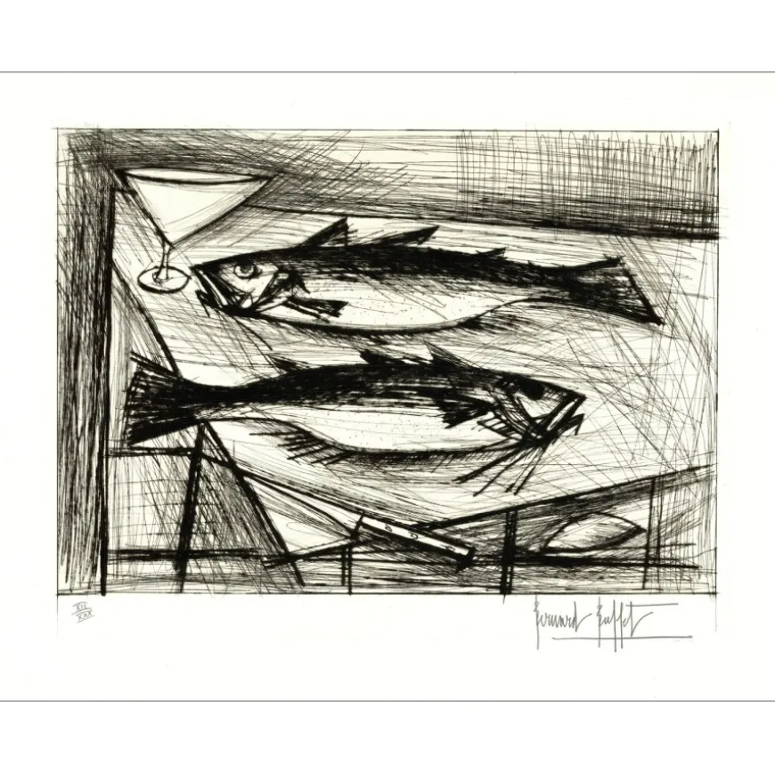 BUFFET Bernard - Gravure originale "Les deux poissons" 58x75cm - 1979