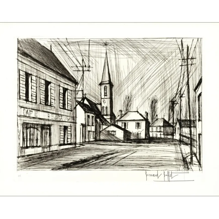 BUFFET Bernard - Gravure originale "Église des Mesnils" 56x76cm - 1975