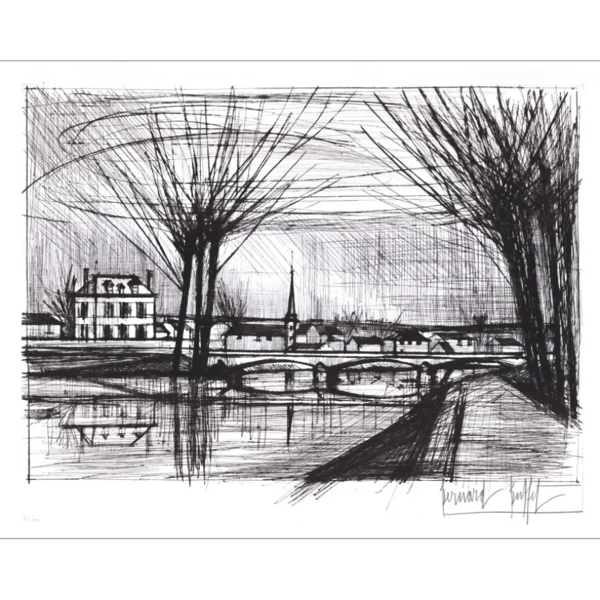 BUFFET Bernard - Gravure originale "Canal à Soissons" 56x76cm - 1964