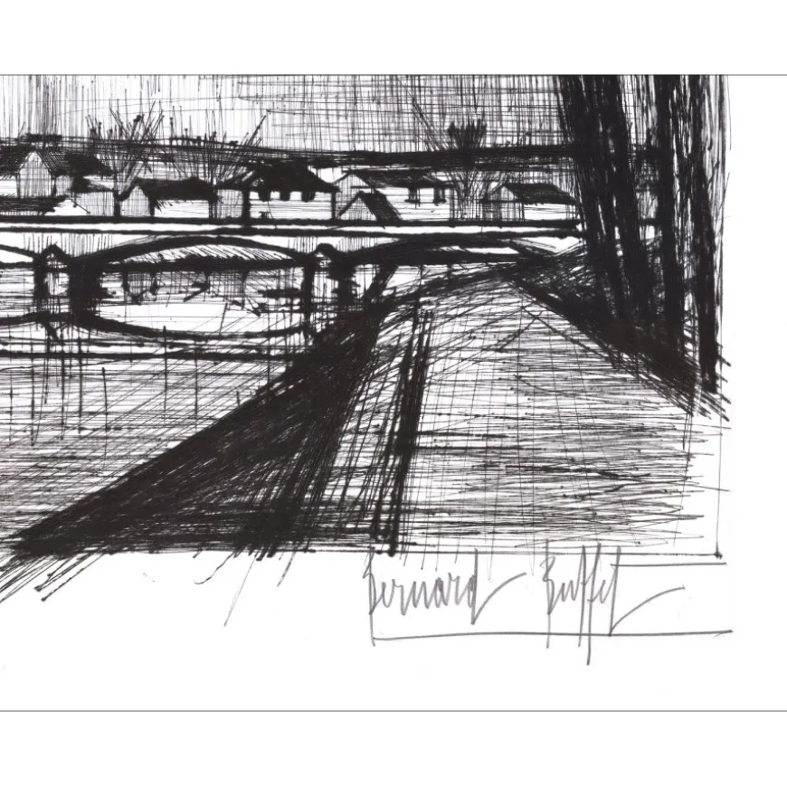 BUFFET Bernard - Gravure originale "Canal à Soissons" 56x76cm - 1964