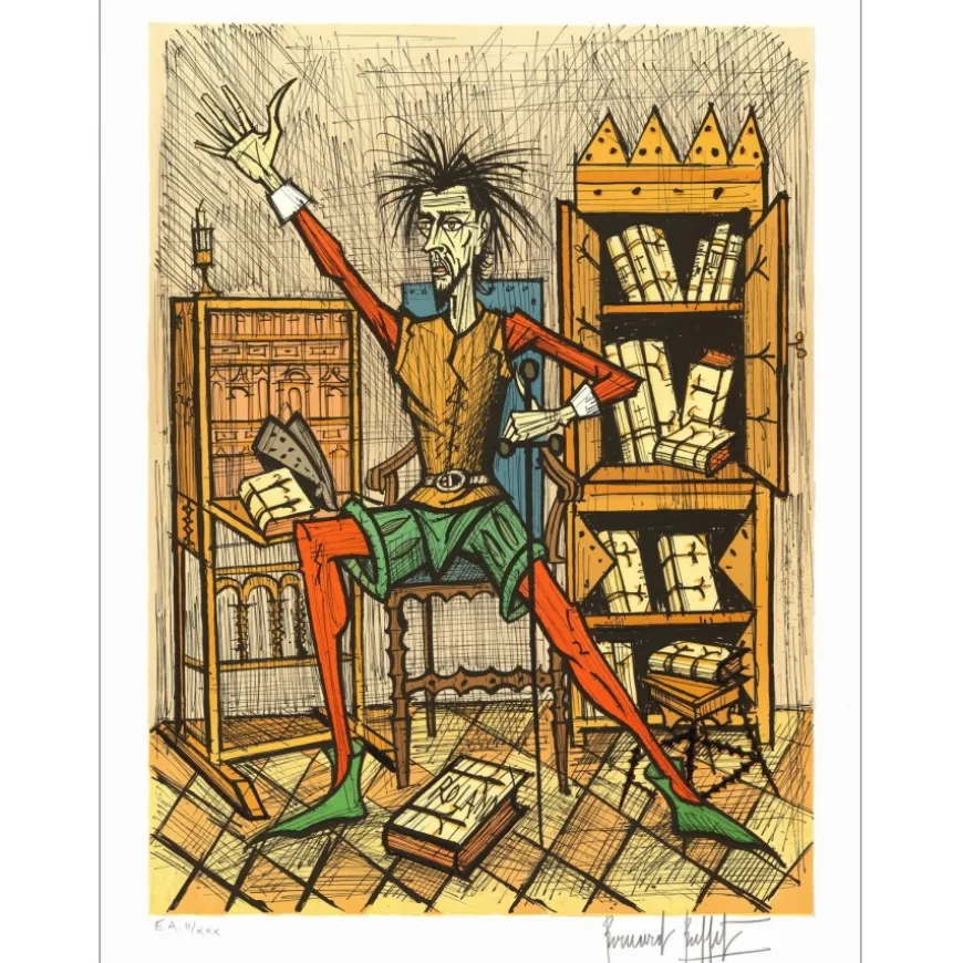 BUFFET Bernard - Lithographie originale "Don Quichotte dans sa bibliothèque" 76x58cm - 1989