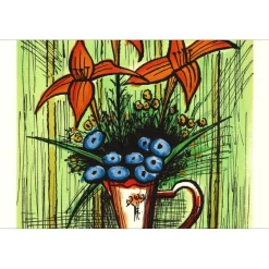 BUFFET Bernard - Lithographie originale "Bouquet de fleurs au fond vert" 64x47cm