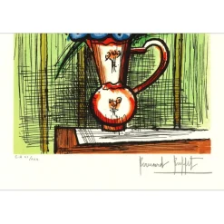 BUFFET Bernard - Lithographie originale "Bouquet de fleurs au fond vert" 64x47cm