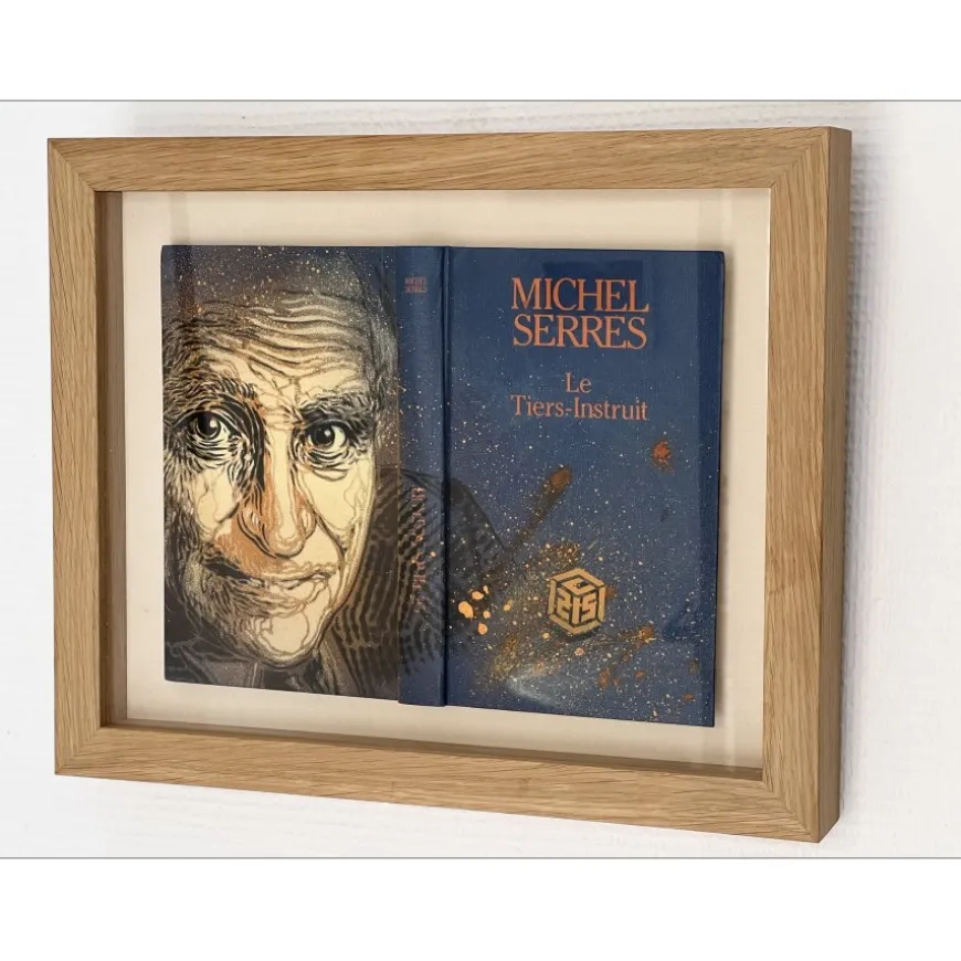 C215 - Peinture originale à l'aérosol sur ouvrage "Michel Serres" 30x38cm - 2023