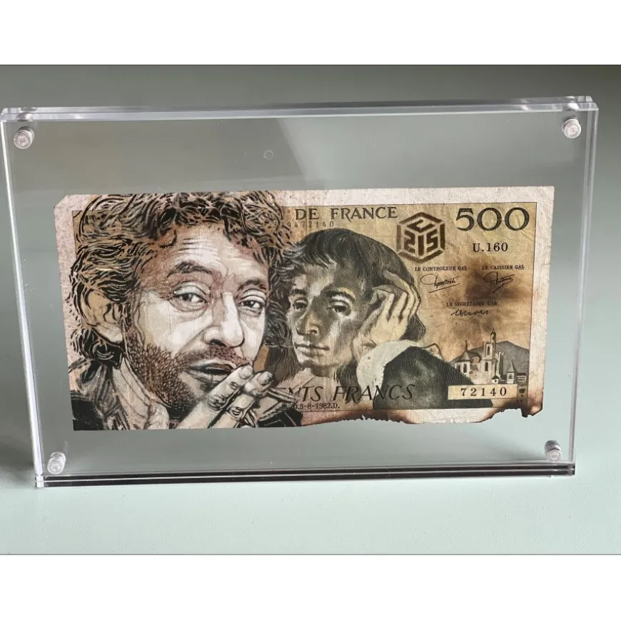 C215 - Peinture originale sur billet de 500 frs "Gainsbourg" 97x180mm
