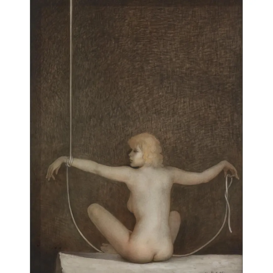 CLEREN Jean-Paul - Peinture originale à l'huile sur papier "L’enchaînée" 46x34cm