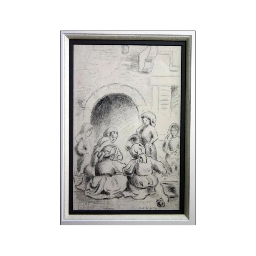 COLIN Paul-Émile - Dessin au crayon "Scène de vie à Scanno" 20x13cm