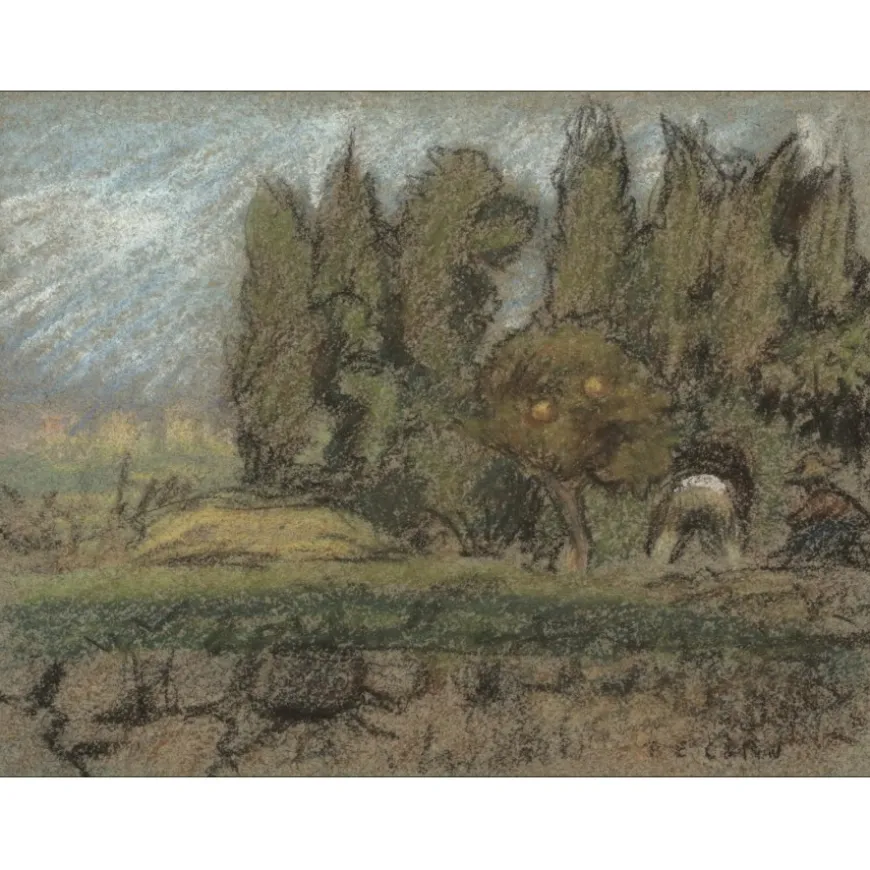 COLIN Paul-Émile - Dessin original au crayon et pastel "Travaux au verger, vers Vence" 12x16cm - 1909