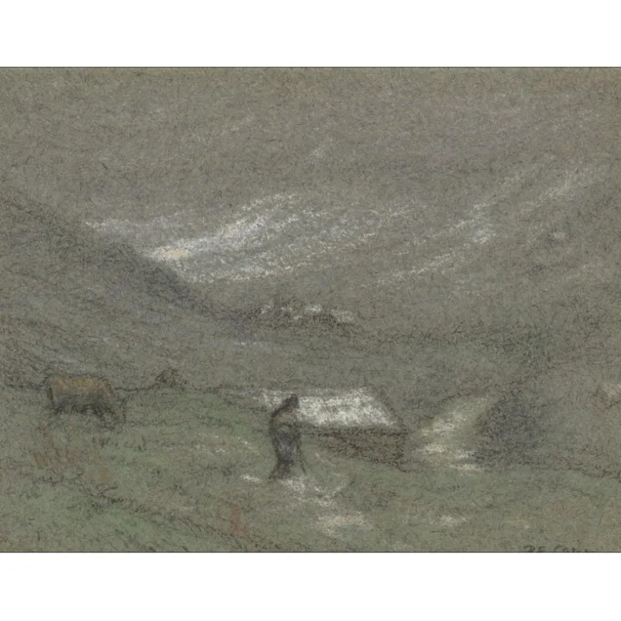 COLIN Paul-Émile - Dessin original au crayon et pastel "Berger et son troupeau" 12x16cm