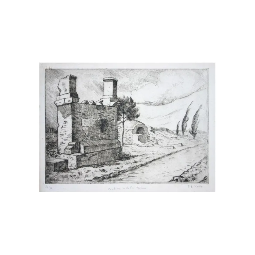 COLIN Paul-Émile - Gravure originale "Tombeaux de la voie Appienne" 21x29cm