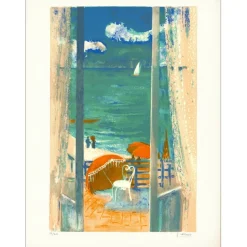 COLLOMB Paul - Lithographie originale "Vue sur mer" 67x51cm
