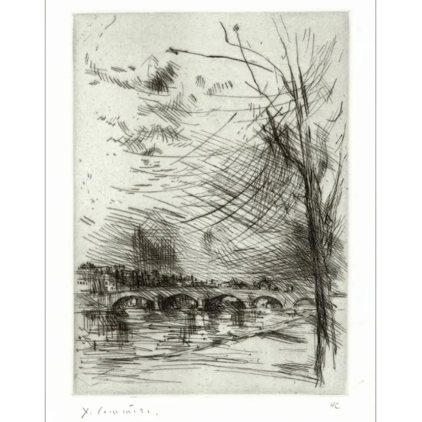 COMMERE Jean - Gravure originale à l'eau-forte "La Pont" 32x24cm - 1971