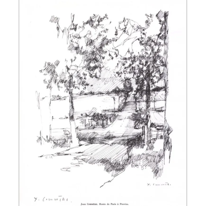 COMMERE Jean - Lithographie signée au crayon "Route de Paris à Provins" 27x21cm - 1961