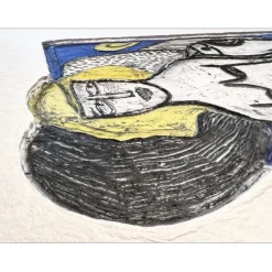 CORNEILLE Guillaume - Aquagravure originale "Femme allongée avec oiseau" 46x62cm - 2003