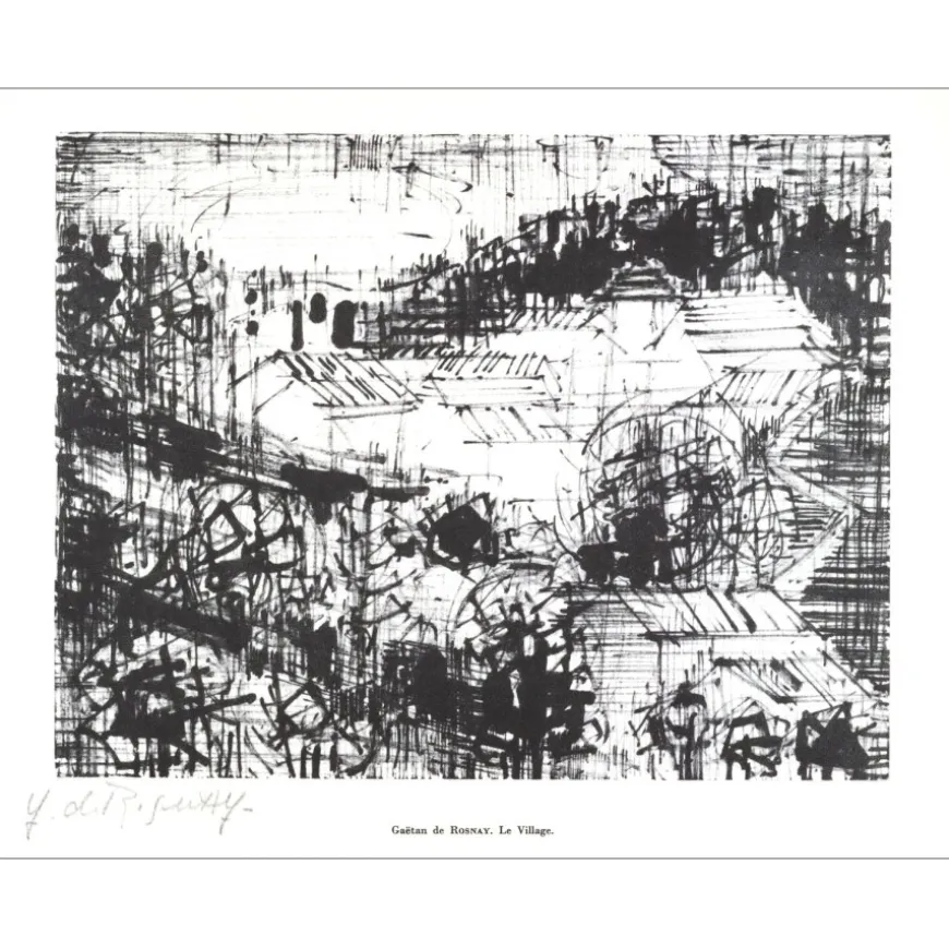 DE ROSNAY Gaëtan - Lithographie signée au crayon "Le village" 27x21cm - 1961