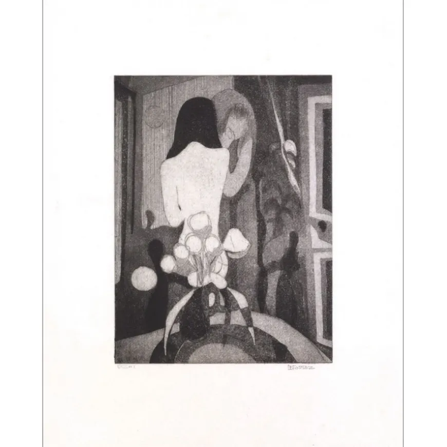 DEFOSSEZ Alfred - Gravure originale "Femme nue au bouquet" 34x25cm
