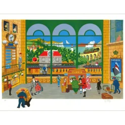 DELIEGE William - Lithographie originale "Gare animée" 48x65cm