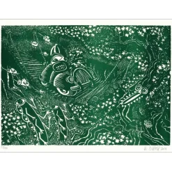 DI ROSA Hervé - Bois gravé  "En traversant le pont, Vert" 56x76cm - 2014
