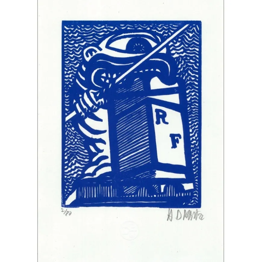 DI ROSA Hervé - Bois gravé "Le Jouteur à Sète, Bleu" 29x21cm - 2022