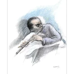 DUPUIS Jean - Dessin original au fusain "Musicien, Le joueur de flûte" 65x50cm