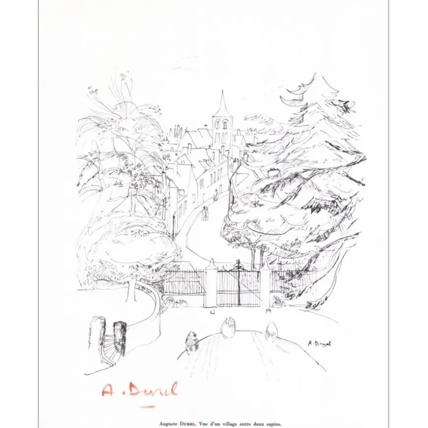 DUREL Auguste - Lithographie signée au crayon "Le Village" 27x21cm - 1961