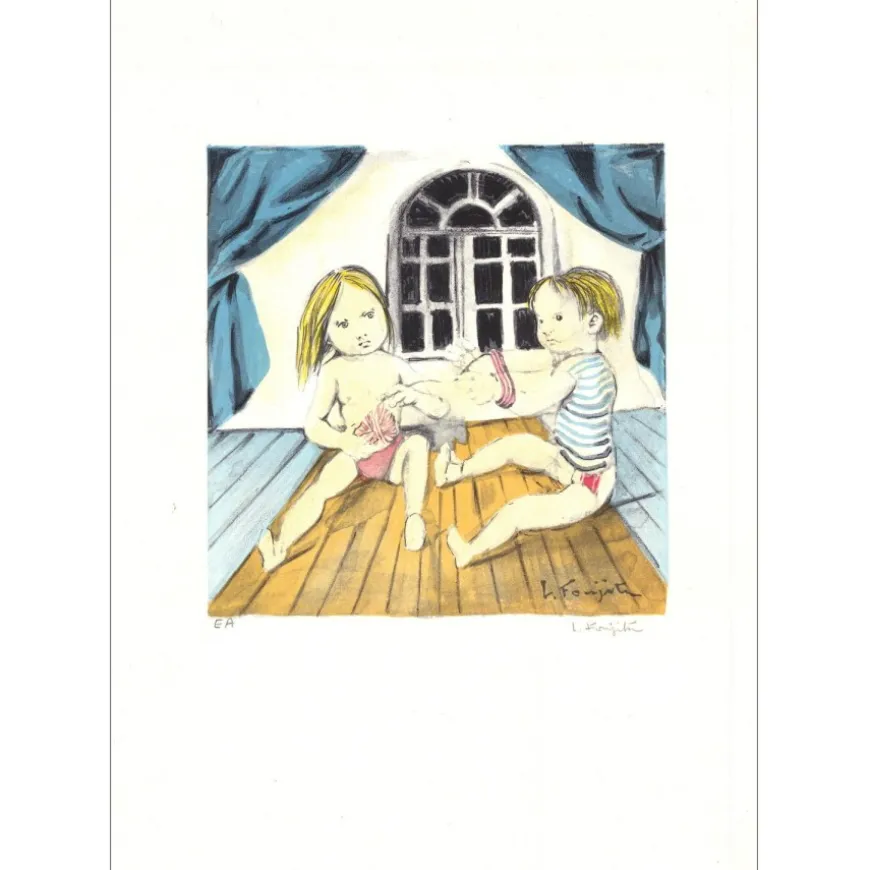 FOUJITA Léonard - Lithographie originale "Le Tricot" 38x27cm - 1963