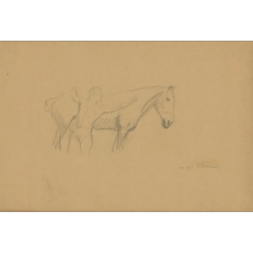 FRIANT Emile - Dessin original au crayon "Etude pour le vieux cheval" 30x45cm - 1902