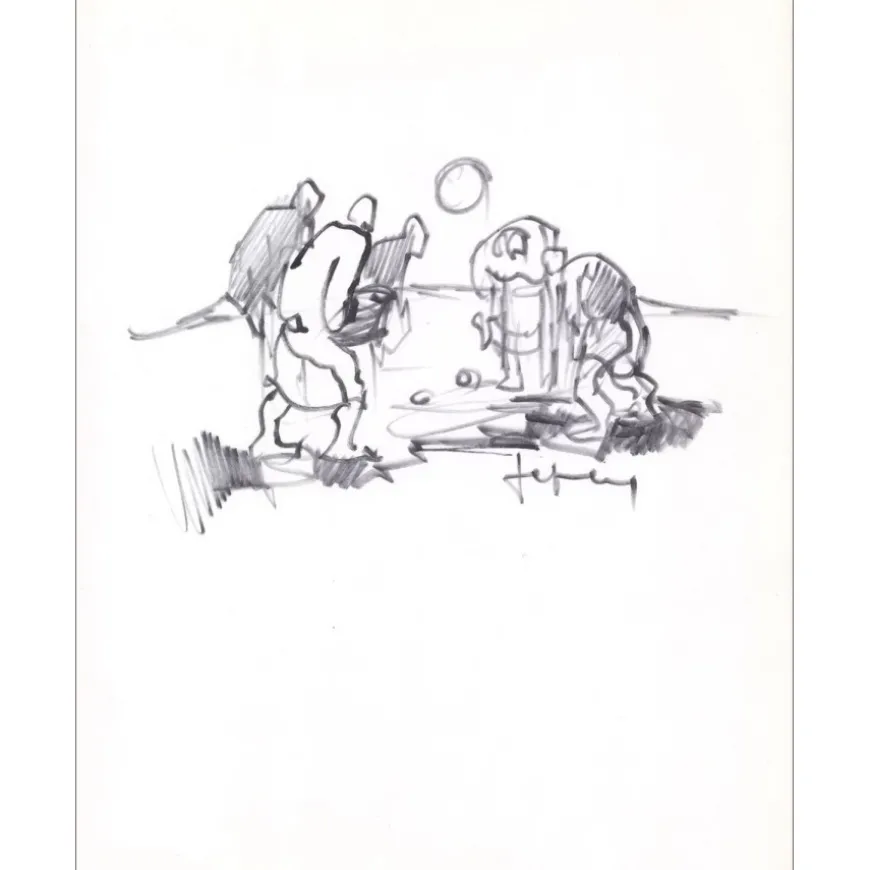 FRIBOULET Jef - Dessin original à l'encre "Personnages sur la plage de Fécamp" 27x21cm - 1963