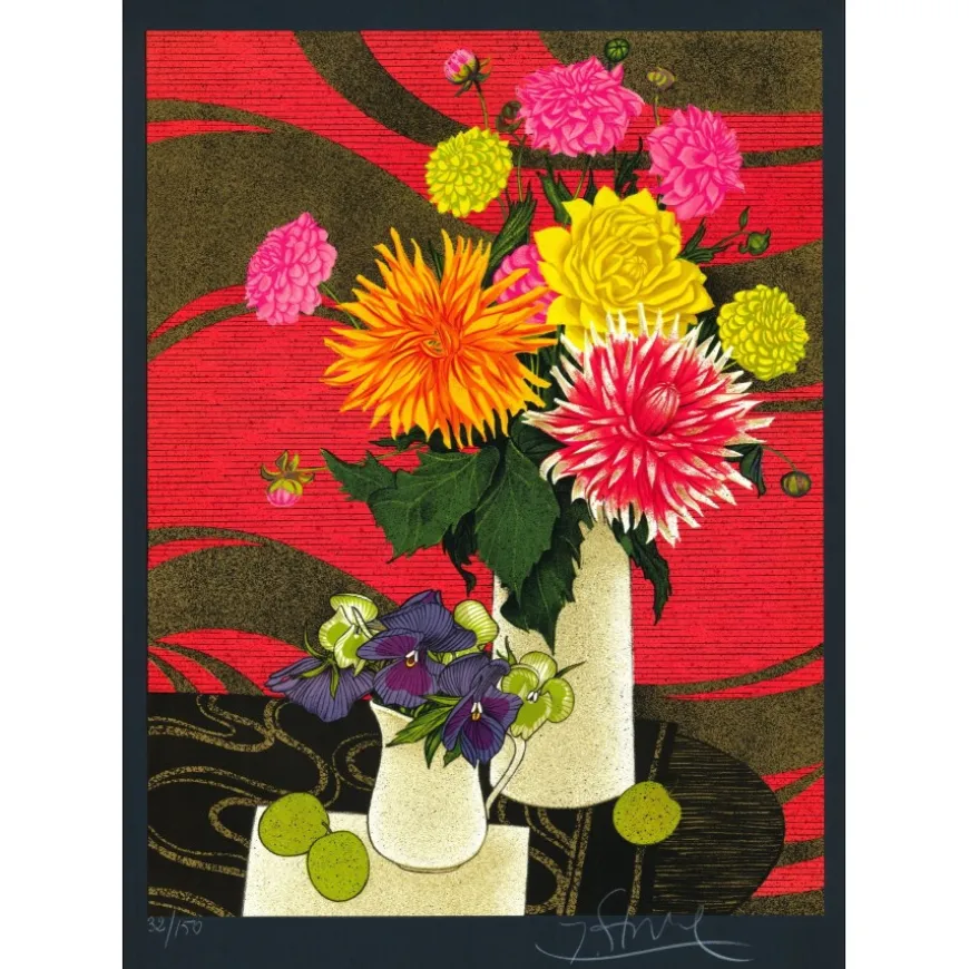 GANNE Yves - Lithographie originale "Bouquet de fleurs" 75x54cm