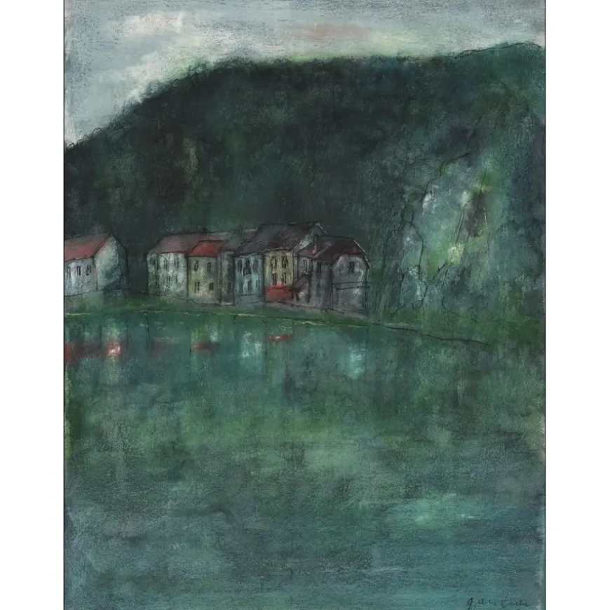 GANTNER Bernard - Aquarelle originale "Village en bord de rivière" 27x20cm - 1970