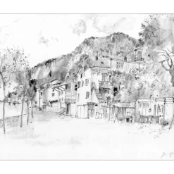 GANTNER Bernard - Dessin au fusain "Le village" 36x46cm