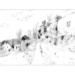 GANTNER Bernard - Dessin au fusain "La route du village" 30x42cm