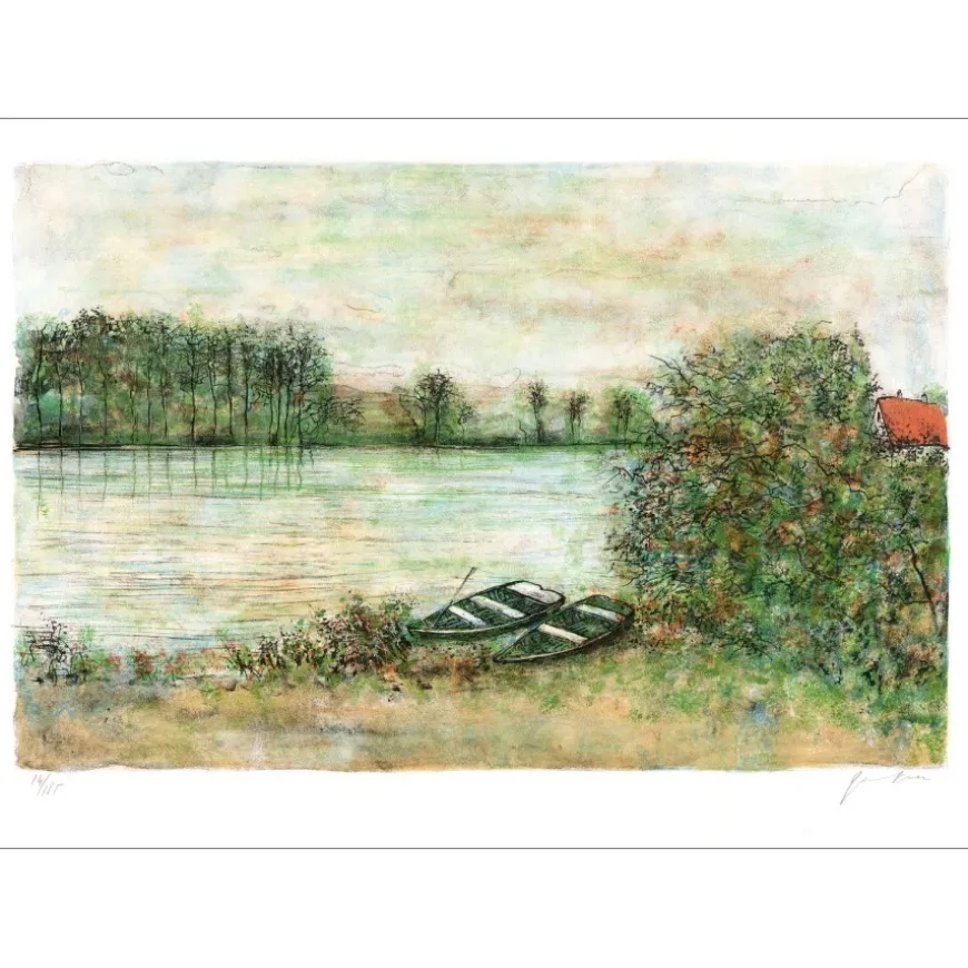 GANTNER Bernard - Lithographie originale "Les deux barques" 38x53cm