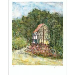 GANTNER Bernard - Lithographie originale "Maison à la campagne" 65x48cm