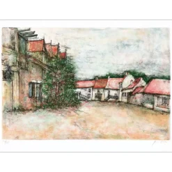 GANTNER Bernard - Lithographie originale "Hameau à la campagne" 48x65cm