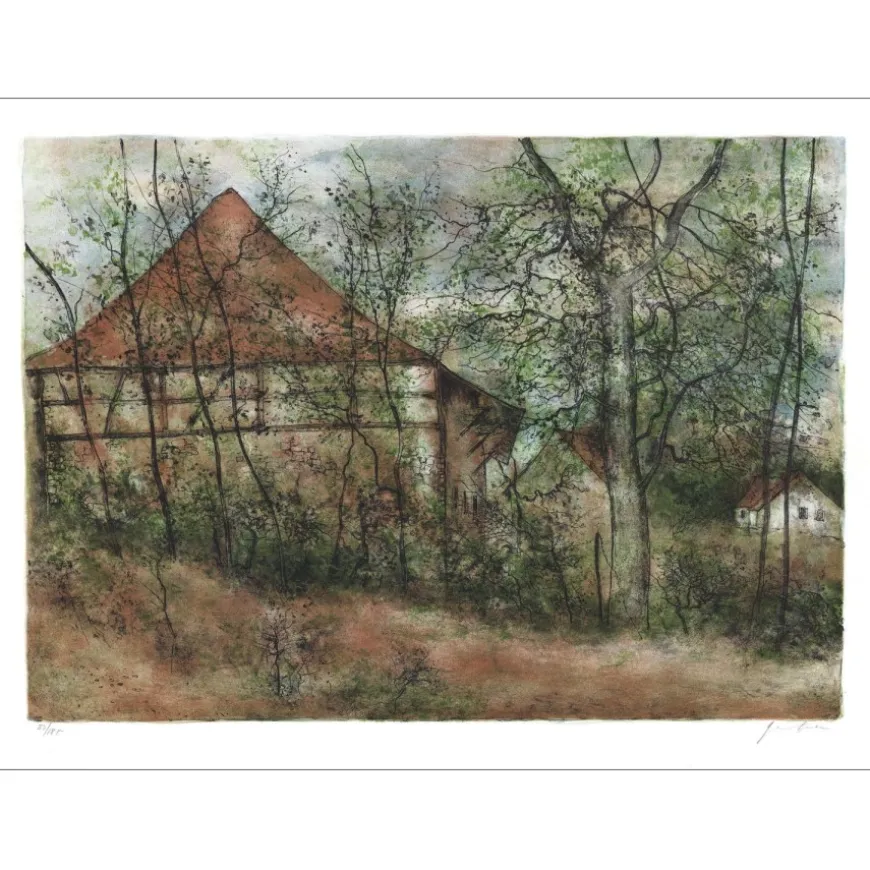 GANTNER Bernard - Lithographie originale "Maisons Alsaciennes II" 48x65cm