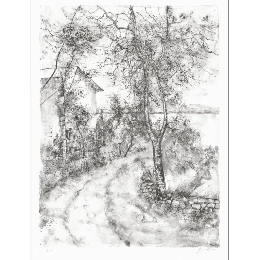 GANTNER Bernard - Lithographie originale "La Maison et le Bouleau" 66x48 cm - Papier Japon