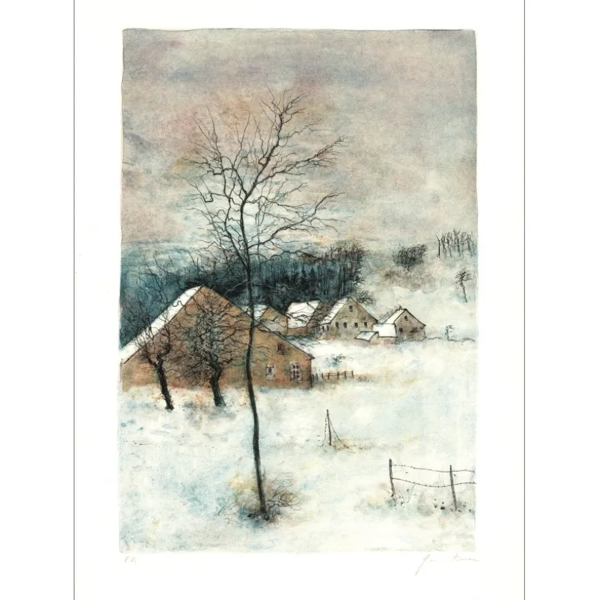 GANTNER Bernard - Lithographie originale "Village enneigé" 54x38 cm