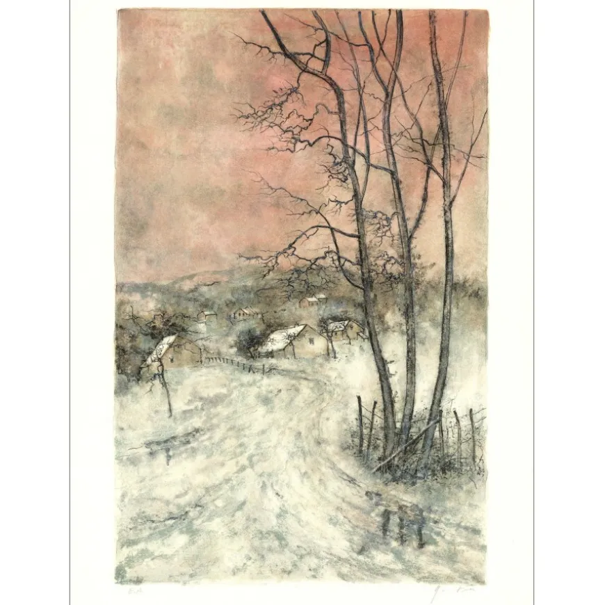 GANTNER Bernard - Lithographie originale "Le village enneigé" 65x48 cm