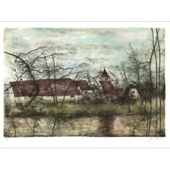 GANTNER Bernard - Lithographie originale "Village au bord de la rivière" 53x76cm